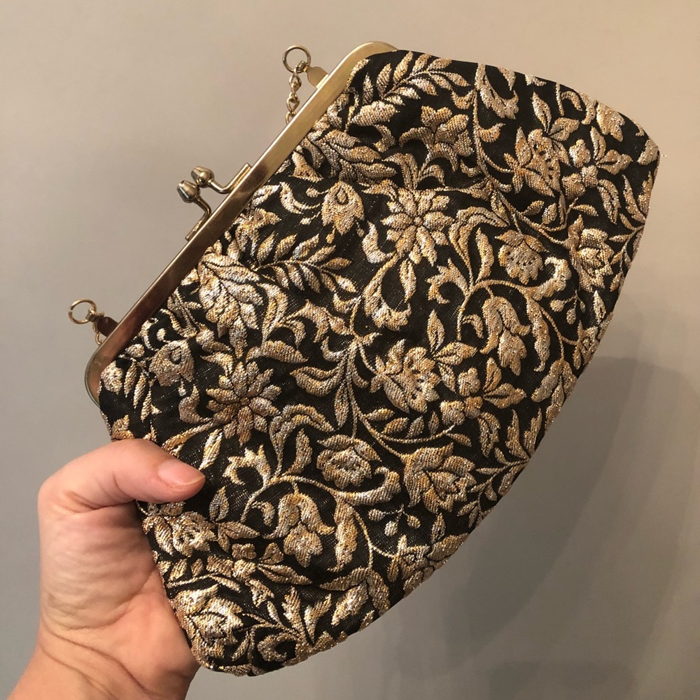 Vintage Gold Embroidered Black Evening Bag